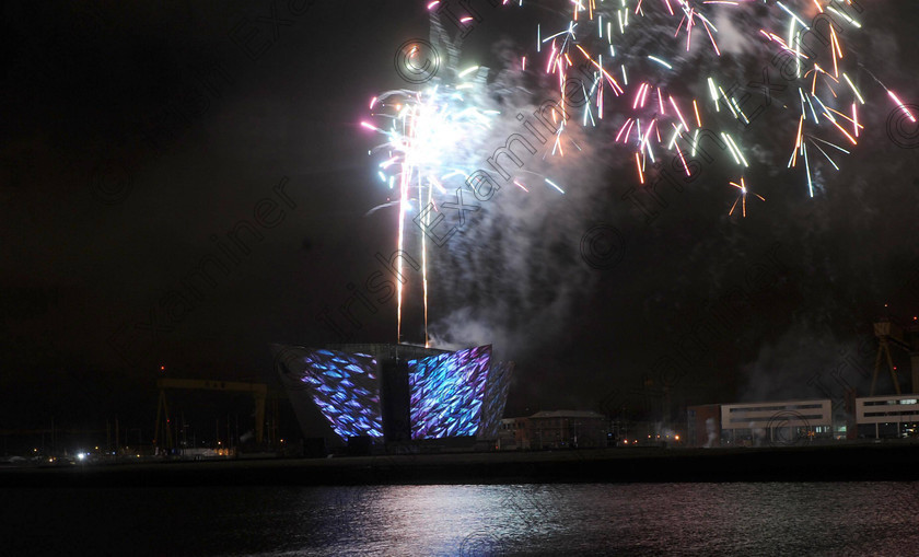 Pacemaker Titanic Light S 2 
 PACEMAKER BELFAST 7/4/2012
Thousand come out to watch the "Titanic Light Show" at the new Titanic building in Belfast on saturday night, the worldÕs biggest ever digital projection lighting show was staged in the historic setting of the Titanic Slipways as part of the cityÕs festival of events to commemorate the 100th anniversary of TitanicÕs fateful maiden voyage. Using cutting-edge architectural projection, 3D motion graphics, synchronized pyrotechnics and bespoke sound design, the show was the largest, most complex projection ever attempted
Photo Colm Lenaghan/Pacemaker