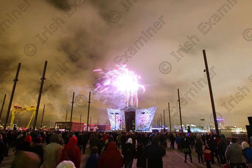 PEYE Titanic Belfast show 01 
 Press Eye - Belfast - Northern Ireland - 8th April 2012

Press Release image

Belfast is setting for Titanic light show....

Belfast's iconic Titanic Building provides a backdrop for a 3D graphics and pyrotechnics light show set to music.

The show used cutting edge architectural projection, intense 3D motion graphics, synchronised pyrotechnics and bespoke sound design.

Picture by Kelvin Boyes / Press Eye.