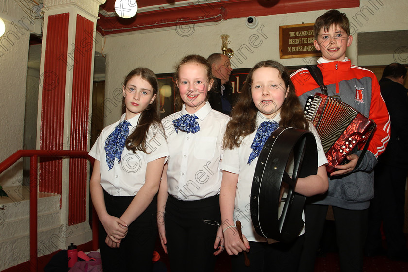 Feis23032018Fri06 
 6
Aoibhe Corby, Darcy Voronins, Sadhbh Hartnett and Hugh Mulcahy from Comhaltas Uí Mac Choille Midleton. 
 Ceol agus Amhránaíocht Traidisiúnta Class: 551: Grupa Ceoil “Corn Evening Echo” 14 Bliana D’Aois Nó Faoina Feis Maitiú 92nd Festival held in Fr. Mathew Hall. EEjob 23/03/2018 Picture: Gerard Bonus