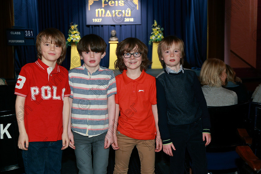 Feis24022018Sat64 
 64
Performers Hugh Cassidy, Bríain Higgins, Evan Carter and Oscar Manning from Bishopstown.
 Speech and Drama Class: 381: Solo Verse Speaking Boys 8 Years and Under Section 2 Feis Maitiú 92nd Festival held in Fr. Mathew Hall. EEjob 24/02/2018 Picture: Gerard Bonus.