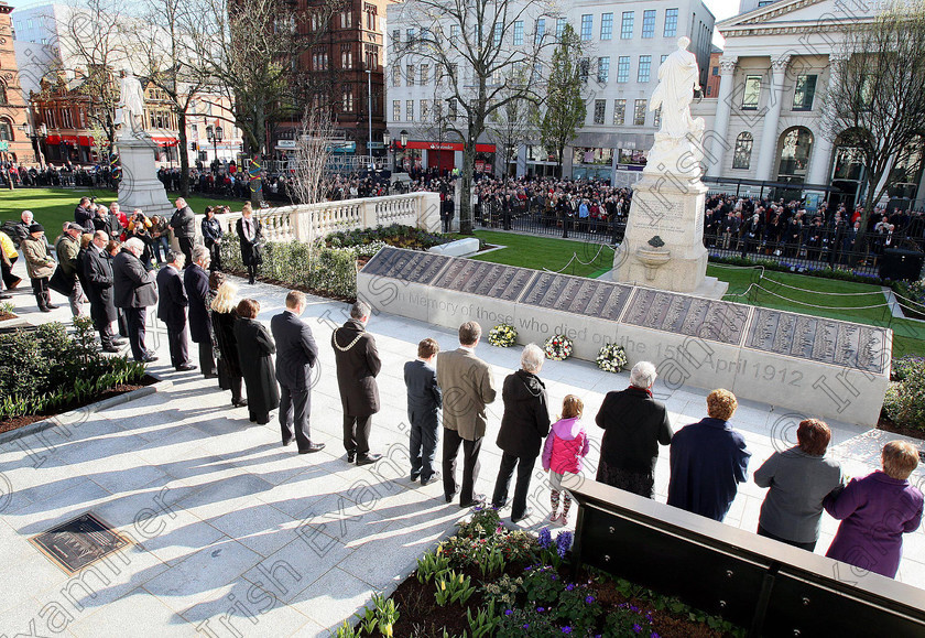 ULSTER Titanic 123156 
 A wreath laying ceremony by relatives of those who perished on the Titanic, in the new memorial garden at Belfast City Hall on the 100th anniversary of the sinking of the Titanic. PRESS ASSOCIATION Photo. Picture date: Sunday April 15, 2012. A minute's silence was held as the memorial was opened in Belfast. A great, great nephew of the ship's doctor helped unveil bronze plaques listing more than 1,500 passengers, crew and musicians who died when the liner struck an iceberg and sank in the North Atlantic on April 15 1912. See PA story ULSTER Titanic. Photo credit should read: Paul Faith/PA Wire