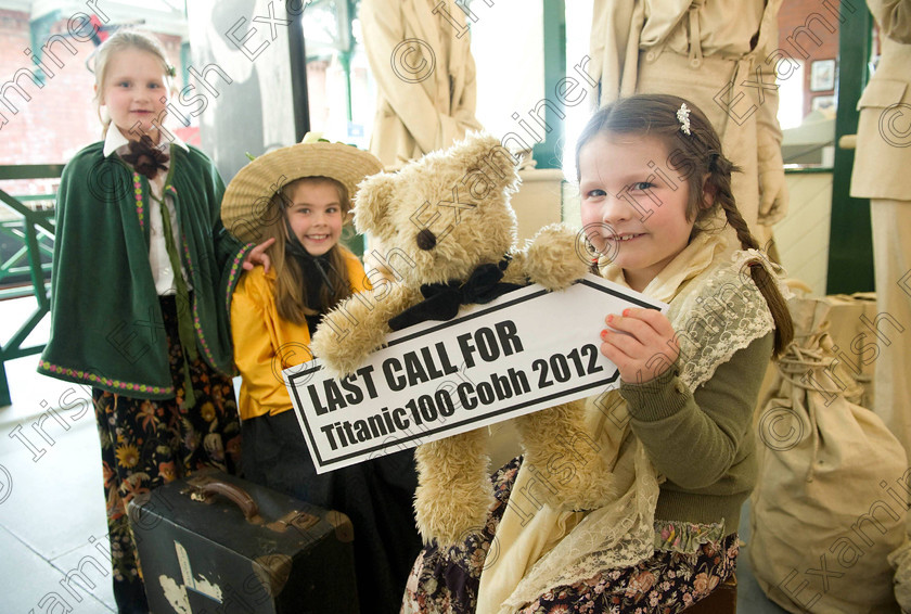 Titanic Cobh 176 
 Free Pic No Repro Fee
 Leah Anderson ,Blathin Verwey and Caite Anderson from Cobh Get on Board for The Titanic Centenary events in Cobh. If you’re looking for a steer on how to be a part of the commemoration events around the 100th anniversary of The Titanic taking place, then anchor yourself in Cobh Co. Cork, then Queenstown, the Titanic’s last port of call where 123 passengers boarded the magnificent vessel. Cobh will play host to a memorable series of events from April 9-15 to remember The Titanic and the people associated with her. The events series, entitled Titanic100 Cobh 2012, has something for everyone from concerts to cruise liners, a vintage car show, a Titanic art display, lectures, exhibitions and museums, music recitals, a search and rescue display, a 10 mile road race, gala dinners, food and gift stalls, a remembrance service and a range of water activities and on-street entertainment for all throughout the week. The events will appeal to history buffs, culture vultures, adventure seekers, concert enthusiasts, food lovers, and families. See www.titanic100.ie
pictures Gerard McCarthy 087 8537228
more info contact Niamh Sullivan Hopkins Communications 021 4272200 087 0617705