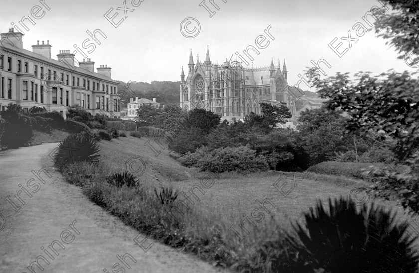 1164717 
 View from The Crescent, Cobh showing construction of the spire of St. Colmans Cathedral in 1916 Ref. 40SC old black and white religion churches