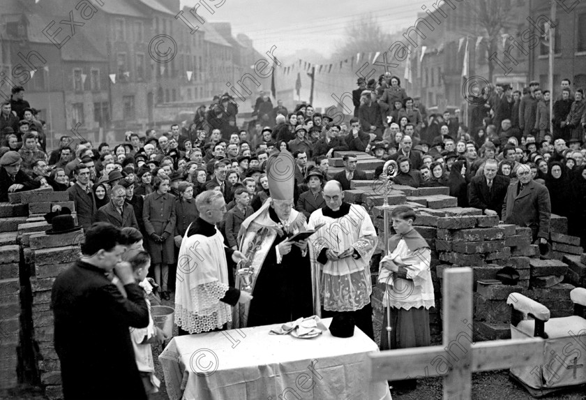 1136856 
 Foundation stone of the Church of the Annunciation, Blackpool being laid by Bishop of Cork Daniel Cohalan 10/01/1945 Ref. 845C old black and white religion