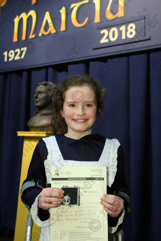 Feis14032018Wed32 
 32
Silver Medallist Andrea Lehane from Ballincollig for her performance of “Imported”.
 Speech and Drama Class: 328: “The Fr. Nessan Shaw Memorial Perpetual Cup” Dramatic Solo 10 Years and Under Section1Feis Maitiú 92nd Festival held in Fr. Mathew Hall. EEjob 14/03/2018 Picture: Gerard Bonus.