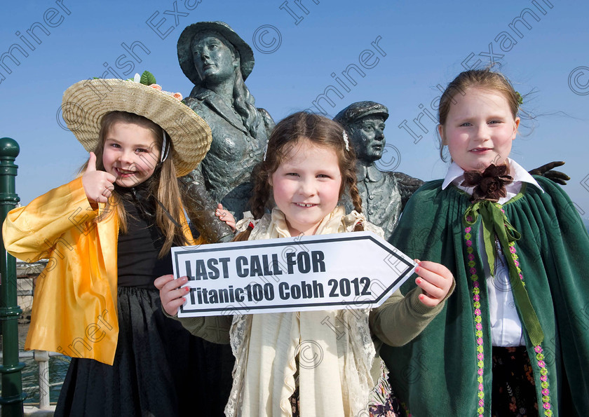 Titanic Cobh 279 
 Free Pic No Repro Fee
Blathin Verwey, Caite Anderson and Leah Anderson from Cobh Get on Board for The Titanic Centenary events in Cobh. If you’re looking for a steer on how to be a part of the commemoration events around the 100th anniversary of The Titanic taking place, then anchor yourself in Cobh Co. Cork, then Queenstown, the Titanic’s last port of call where 123 passengers boarded the magnificent vessel. Cobh will play host to a memorable series of events from April 9-15 to remember The Titanic and the people associated with her. The events series, entitled Titanic100 Cobh 2012, has something for everyone from concerts to cruise liners, a vintage car show, a Titanic art display, lectures, exhibitions and museums, music recitals, a search and rescue display, a 10 mile road race, gala dinners, food and gift stalls, a remembrance service and a range of water activities and on-street entertainment for all throughout the week. The events will appeal to history buffs, culture vultures, adventure seekers, concert enthusiasts, food lovers, and families. See www.titanic100.ie
pictures Gerard McCarthy 087 8537228
more info contact Niamh Sullivan Hopkins Communications 021 4272200 087 0617705