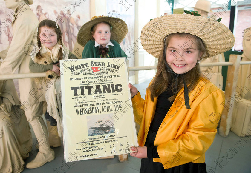 Titanic Cobh 049 
 Free Pic No Repro Fee
Caite Anderson, Leah Anderson and Blathin Verwey from Cobh Get on Board for The Titanic Centenary events in Cobh. If you’re looking for a steer on how to be a part of the commemoration events around the 100th anniversary of The Titanic taking place, then anchor yourself in Cobh Co. Cork, then Queenstown, the Titanic’s last port of call where 123 passengers boarded the magnificent vessel. Cobh will play host to a memorable series of events from April 9-15 to remember The Titanic and the people associated with her. The events series, entitled Titanic100 Cobh 2012, has something for everyone from concerts to cruise liners, a vintage car show, a Titanic art display, lectures, exhibitions and museums, music recitals, a search and rescue display, a 10 mile road race, gala dinners, food and gift stalls, a remembrance service and a range of water activities and on-street entertainment for all throughout the week. The events will appeal to history buffs, culture vultures, adventure seekers, concert enthusiasts, food lovers, and families. See www.titanic100.ie
pictures Gerard McCarthy 087 8537228
more info contact Niamh Sullivan Hopkins Communications 021 4272200 087 0617705