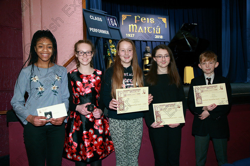 Feis31012018Wed11 
 11
Silver Medallist, Diamond Nzekwe from Knocknaheeny; Bronze Medallist; Eva Crowley from Riverstick. Joint 3rd place; Maeve Hannon from Wellington Road, Faustyna Long from Ballyvolane and Shea Hill from Turners Cross.
 Class: 164: Piano Solo 14 years and under. Feis Maitiú 92nd Festival held in Fr. Matthew Hall. EEjob 31/01/2018 Picture: Gerard Bonus