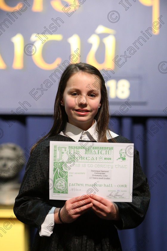 Feis19022018Mon42 
 42
Commended Dominique Desmond.
 Speech and Drama Class: 327: “The Hartland Memorial Perpetual Trophy” Dramatic Solo 12YearsandUnder –Section 1 Feis Maitiú 92nd Festival held in Fr. Mathew Hall. EEjob 19/02/2018 Picture: Gerard Bonus.