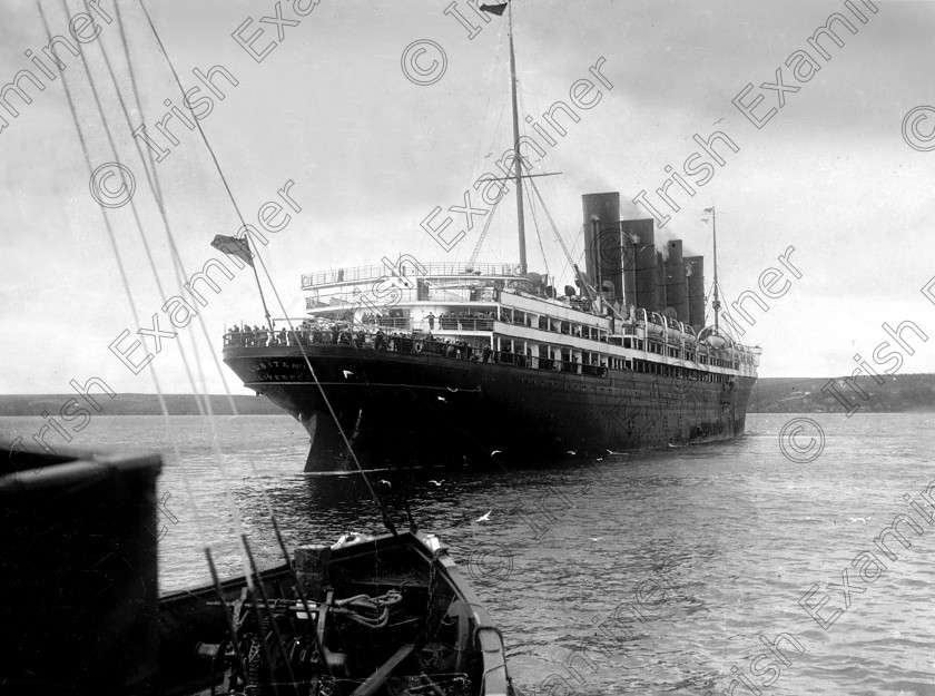 425863 
 The Cunard liner Lusitania, carrying 1,918 passangers and crew, was hit by a torpedo fired from a German U-boat at 2.00 p.m. on the afternoon of May, 7th., 1915. 764 people survived the sinking which took place10 miles off the Old Head of Kinsale. Picture shows the ill-fated ship on an earlier visit to Cork Harbour. Ref. 44
Old black and white war ships boats tragedies