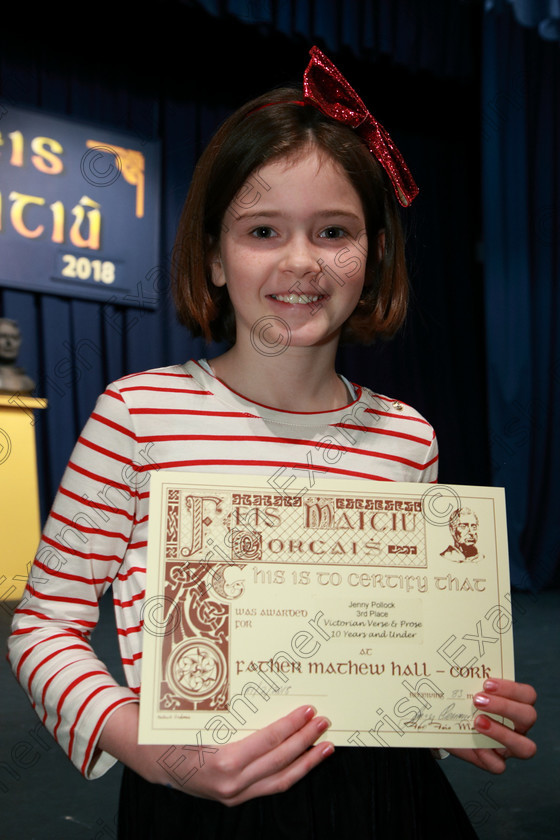 Feis21022018Wed04 
 4
3rd place Jenny Pollock from Lehenaghmore.
 Speech and Drama Classes: 352: “The Marie Fogarty Perpetual Cup” Victorian Verse and Prose 10 Years and Under Feis Maitiú 92nd Festival held in Fr. Mathew Hall. EEjob 21/02/2018 Picture: Gerard Bonus.