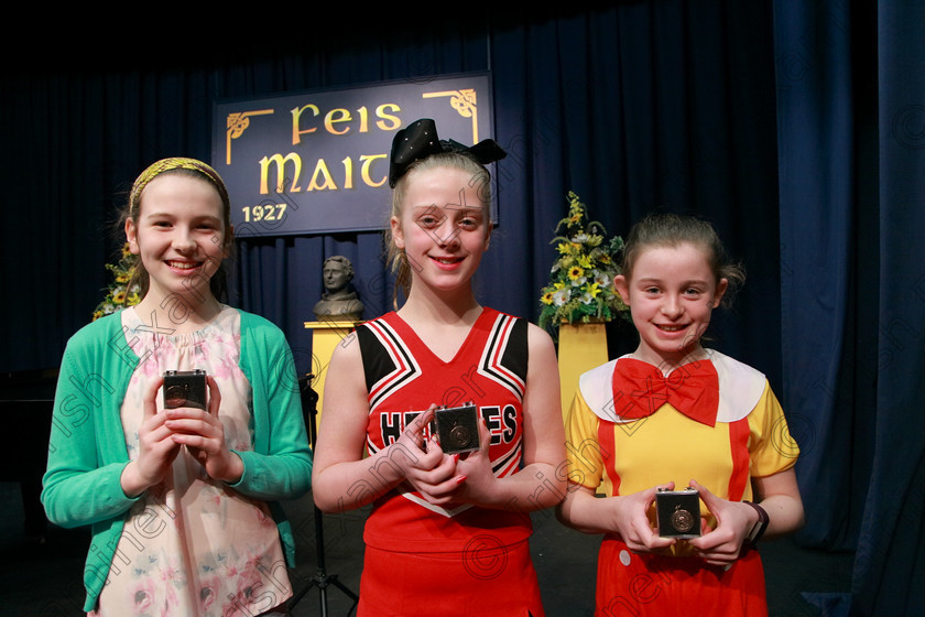 Feis06032018Tue29 
 29
Bronze Medallists Sarah Hadden from Mallow for her performance of “Honey, Honey” from Abba The Movie; Caitlin O’Callaghan from Glanmire for her performance of “Killer Instinct” and Ciara Cotterell from Wilton.
 Singing and School Choirs Class: 113: “The Edna McBirney Memorial Perpetual Award” Solo Action Song 12 Years and Under Section 2 Feis Maitiú 92nd Festival held in Fr. Mathew Hall. EEjob 06/03/2018 Picture: Gerard Bonus.