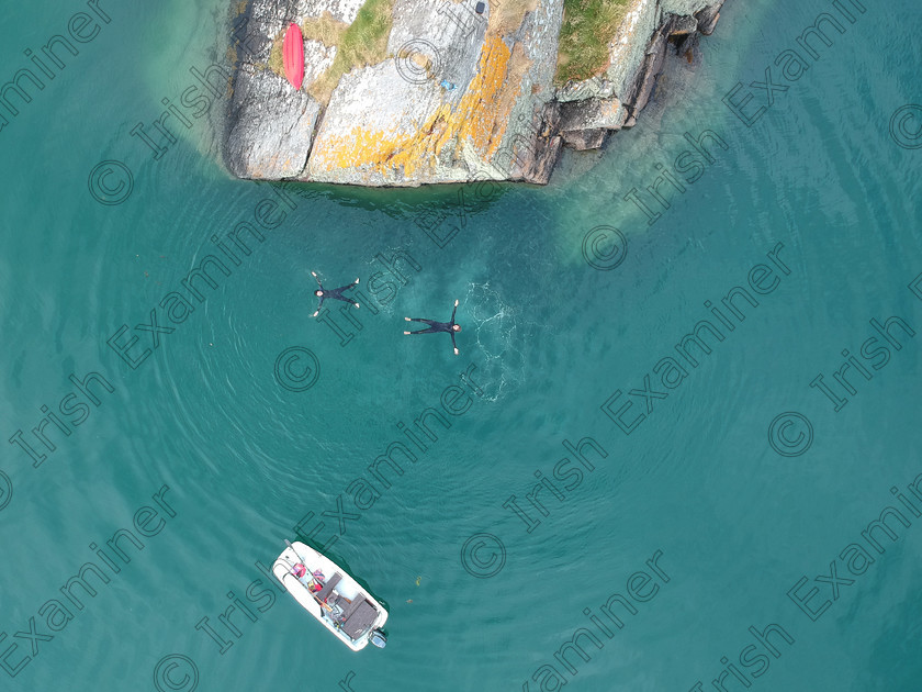 DJI 0621 
 Colin Irwin and Zoe Williams floating after jumping off Granny's Rock, Crookhaven Ireland, 28th June 2018