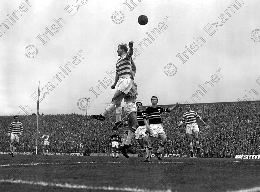 321362 
 Cork Celtic's John Coughlan and Frank McCarthy await the outcome as 'keeper Kevin Blount is beaten to the ball by Shamrock Rovers' Paddy Ambrose in the drawn 1964 F.A.I. Cup Final at Dalymount Park.
26/4/1964 Ref. 281P
Echo Book (Sport)