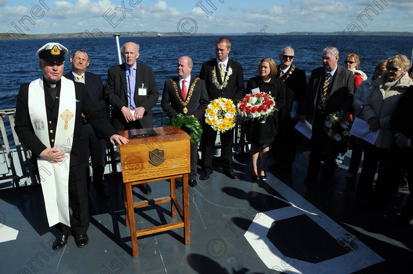 EOH Titanic wreath l101477 
 Pictured on board the LE Eithne yesterday, prior to the wreath were Fr Des Campion , navy chaplain ;The Lord Mayor of Cork Cllr Terry Shannon , Cllr Jim Quinlan, Mayor of Cobh; Chantelle Murray, secretary Irish Titanic society; John Sweeney, Cobh ; Cllr Brian Bermingham, president Cork Titanic society and Harbour chamber of commerce and Edmond Coghlan, chairman Irish Titanic society at the spot where the Titanic berthed outside Cork harbour 100 years ago,. 
Picture: Eddie O'Hare