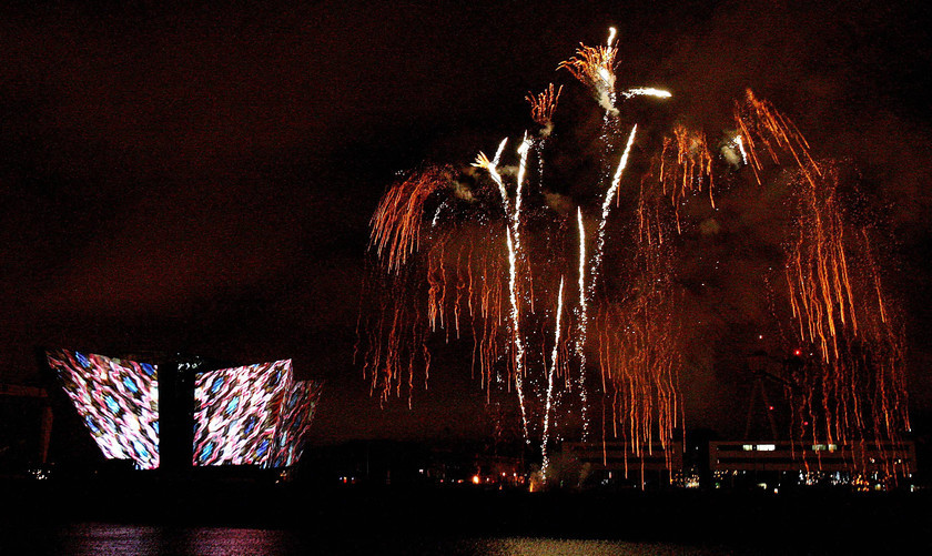 SEA Titanic Belfast 224587 
 Fireworks light the sky over the new Titanic Belfast building as the city continued with its Titanic centenary celebrations. PRESS ASSOCIATION Photo. Picture date: Saturday April 7, 2012. The show, which included synchronised pyrotechnics and 3D graphics, took inspiration from all stages of the Titanic's story - from the doomed liner's construction right through to her maiden voyage. Photo credit should read: Niall Carson/PA Wire