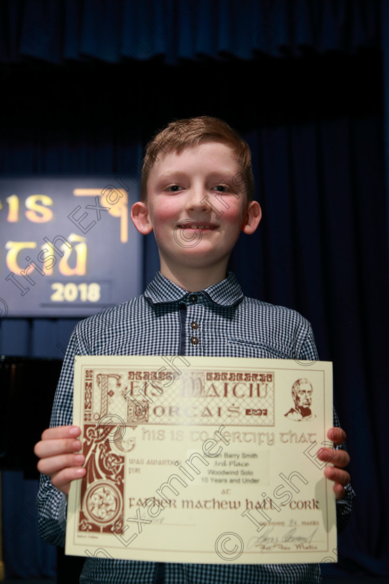 Feis05022018Mon04 
 4
Joint 3rd place Senan Barry Smith from Ovens. 
 Instrumental Music Class: 215: Woodwind Solo10 Years and Under Feis Maitiú 92nd Festival held in Fr. Matthew Hall. EEjob 05/02/2018 Picture: Gerard Bonus.