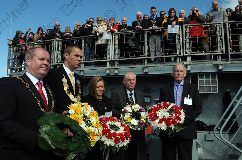 EOH Titanic wreath l101480 
 Pictured on board the LE Eithne yesterday, prior to the wreath by The Lord Mayor of Cork Cllr Terry Shannon , Cllr Jim Quinlan, Mayor of Cobh; Chantelle Murray, secretary Irish Titanic society; John Sweeney, Cobh and Harbour chamber of commerce and edmond Coghlan, chairman Irish Titanic society at the spot where the Titanic berthed outside Cork harbour 100 years ago,. 
Picture: Eddie O'Hare