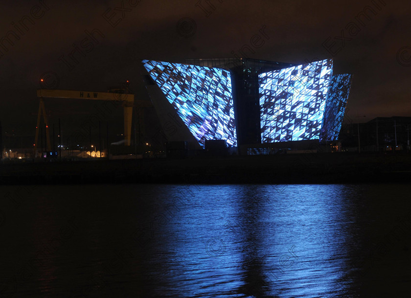 Pacemaker Titanic Light S 3 
 PACEMAKER BELFAST 7/4/2012
Thousand come out to watch the "Titanic Light Show" at the new Titanic building in Belfast on saturday night, the worldÕs biggest ever digital projection lighting show was staged in the historic setting of the Titanic Slipways as part of the cityÕs festival of events to commemorate the 100th anniversary of TitanicÕs fateful maiden voyage. Using cutting-edge architectural projection, 3D motion graphics, synchronized pyrotechnics and bespoke sound design, the show was the largest, most complex projection ever attempted
Photo Colm Lenaghan/Pacemaker