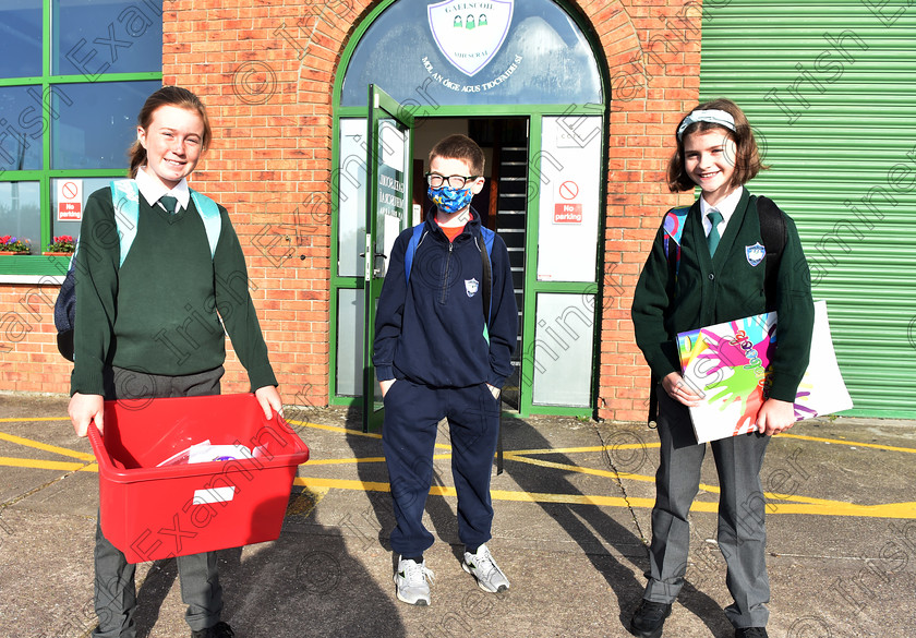 EOHMhuscrai06 
 31st August 2020...... 5th class pupils Ali McCarthy, Brendan McSweeney and Rachel O'Sullivan back in school at Gaelscoil Mhuscrai in Blarney yesterday Picture: Eddie O'Hare