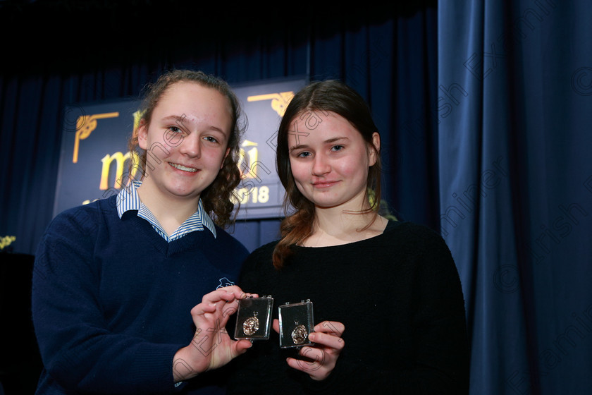 Feis01022018Thu09 
 9
Silver Medallists; Kate O’Riordan and Siobhan McCarthy from Model Farm Road and Blackrock.
 Instrumental Music Class: 267: Duo Classes and Chamber Music Junior Feis Maitiú 92nd Festival held in Fr. Matthew Hall. EEjob 01/02/2018 Picture: Gerard Bonus.