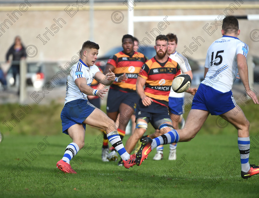 LC-con-08 
 EEXX sport 08/10/2016.
Ulster Bank All-Ireland League; Cork Constitution vs Lansdowne FC at Temple Hill.
Jason Higgins, Cork Con makes a pass to teammate Shane Daly, against Lansdowne FC.
Pic; Larry Cummins