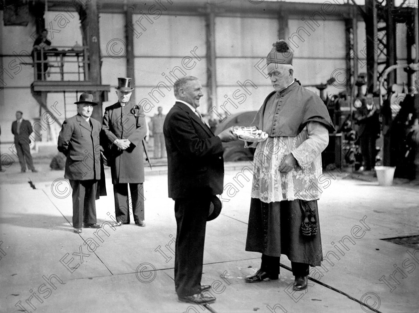 809876 
 For 'READY FOR TARK'
Official opening of Irish Steel Mills at Haulbowline, Co. Cork - presentation to Bishop of Cork Daniel Cohalan on site 24/08/1939 Ref. 400C Old black and white factories heavy industry