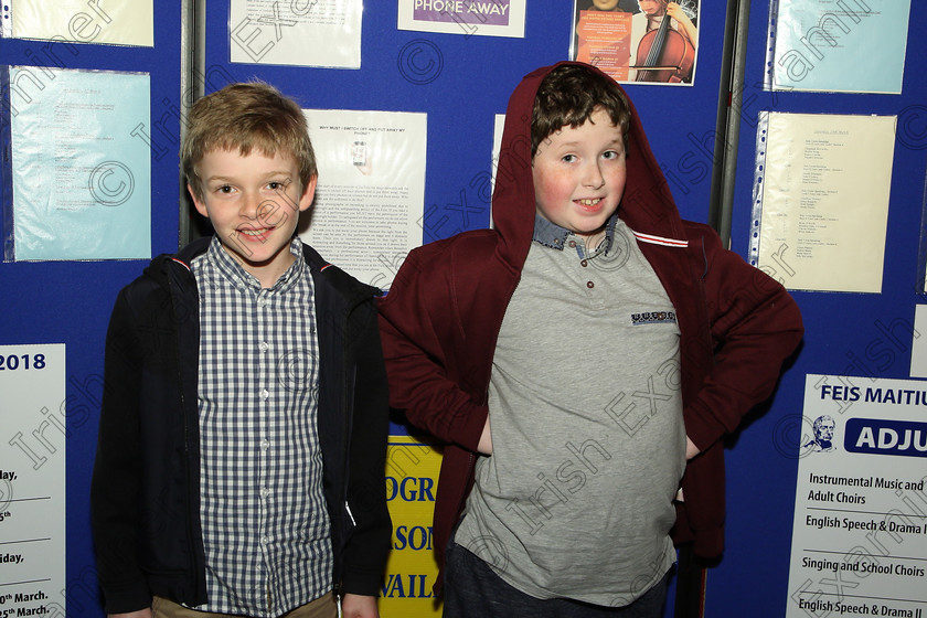 Feis15032018Thu07 
 7
Performers Jack Hogan and John Heffernan from Castletownroche and Whitegate.
 Speech and Drama Class: 378: Solo Verse Speaking Boys 11 Years and Under Section 2 Feis Maitiú 92nd Festival held in Fr. Mathew Hall. EEjob 15/03/2018 Picture: Gerard Bonus.