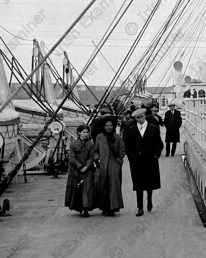 10-x-8-at-300-resolution 
 In April, 1912 the RMS Titanic called to the port of Queenstown (Cobh) on her maiden voyage. The pride of the White Star Line arrived at Roche's Point at 11.30 a.m. A total of 123 passangers embarked at Queenstown. Three days later the liner struck an iceberg. Of the 2228 passangers and crew aboard only 705 survived. Picture shows passangers strolling along the deck of the doomed liner off Roche's Point. Ref.114/115 11/04/1912 Old black and white liners disasters Cropped version