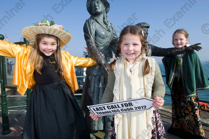 Titanic Cobh 269 
 Free Pic No Repro Fee
Blathin Verwey, Caite Anderson and Leah Anderson from Cobh Get on Board for The Titanic Centenary events in Cobh. If you’re looking for a steer on how to be a part of the commemoration events around the 100th anniversary of The Titanic taking place, then anchor yourself in Cobh Co. Cork, then Queenstown, the Titanic’s last port of call where 123 passengers boarded the magnificent vessel. Cobh will play host to a memorable series of events from April 9-15 to remember The Titanic and the people associated with her. The events series, entitled Titanic100 Cobh 2012, has something for everyone from concerts to cruise liners, a vintage car show, a Titanic art display, lectures, exhibitions and museums, music recitals, a search and rescue display, a 10 mile road race, gala dinners, food and gift stalls, a remembrance service and a range of water activities and on-street entertainment for all throughout the week. The events will appeal to history buffs, culture vultures, adventure seekers, concert enthusiasts, food lovers, and families. See www.titanic100.ie
pictures Gerard McCarthy 087 8537228
more info contact Niamh Sullivan Hopkins Communications 021 4272200 087 0617705