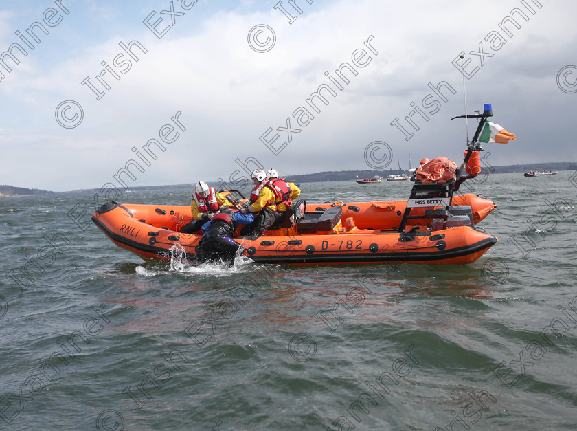 JH Cobh Rescue Display 04 
 ECHO NEWS: 14/04/2012; Mike Ahern, Cork Harbour Kayaks, being rescued by Crosshaven RNLI during a special search and rescue display by the Irish Coast Guard in Cobh to commemorate the 100th anniversary of the sinking of The Titanic. Picture; John Hennessy (Further Info, Vincent Farr, Crosshaven coastguard, 086 8501802)