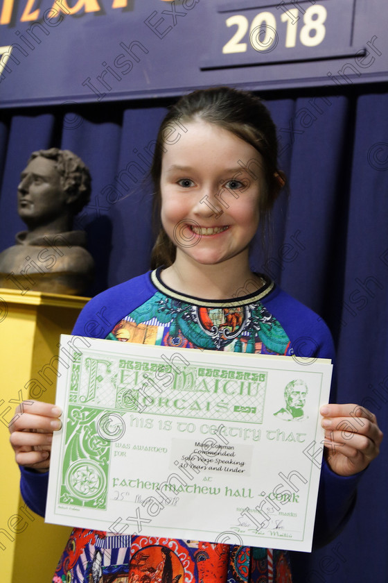 Feis25032018Sun34 
 34
Commended Marie Coleman from Mallow.

Speech and Drama Class: 365: Solo Verse Speaking Girls 10 Years and Under Section 5 Feis Maitiú 92nd Festival held in Fr. Mathew Hall. EEjob 25/03/2018 Picture: Gerard Bonus