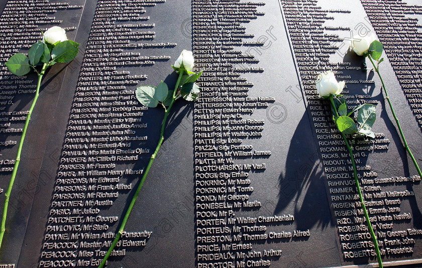 ULSTER Titanic 123344 
 Names of those who perished on the Titanic, in the new memorial garden at Belfast City Hall on the 100th anniversary of the sinking of the Titanic. PRESS ASSOCIATION Photo. Picture date: Sunday April 15, 2012. A minute's silence was held as the memorial was opened in Belfast. A great, great nephew of the ship's doctor helped unveil bronze plaques listing more than 1,500 passengers, crew and musicians who died when the liner struck an iceberg and sank in the North Atlantic on April 15 1912. See PA story ULSTER Titanic. Photo credit should read: Paul Faith/PA Wire