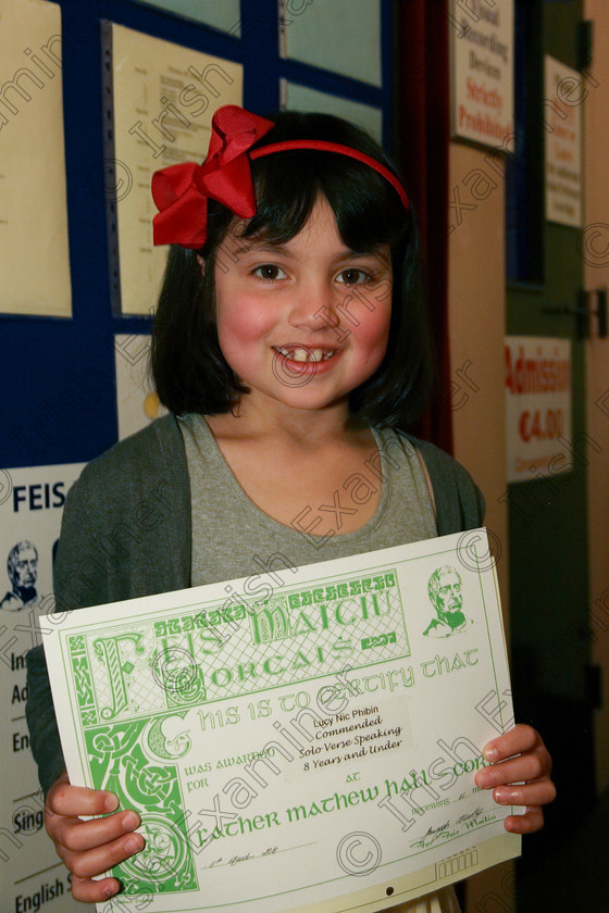 Feis11032018Sun14 
 14
Commended Lucy McKibben from Bishopstown.
 Singing and School Choirs Class: 367: Solo Verse Speaking Girls 8 Years and Under Section 5 Feis Maitiú 92nd Festival held in Fr. Mathew Hall. EEjob 06/03/2018 Picture: Gerard Bonus.