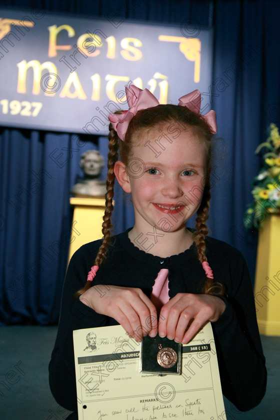 Feis11032018Sun68 
 68
Bronze Medallist Aoibhinn Delaney from Lehenaghmore. Speech and Drama Class: 368: Solo Verse Speaking Girls 7 Years and Under Section 5 Feis Maitiú 92nd Festival held in Fr. Mathew Hall. EEjob 10/03/2018 Picture: Gerard Bonus.