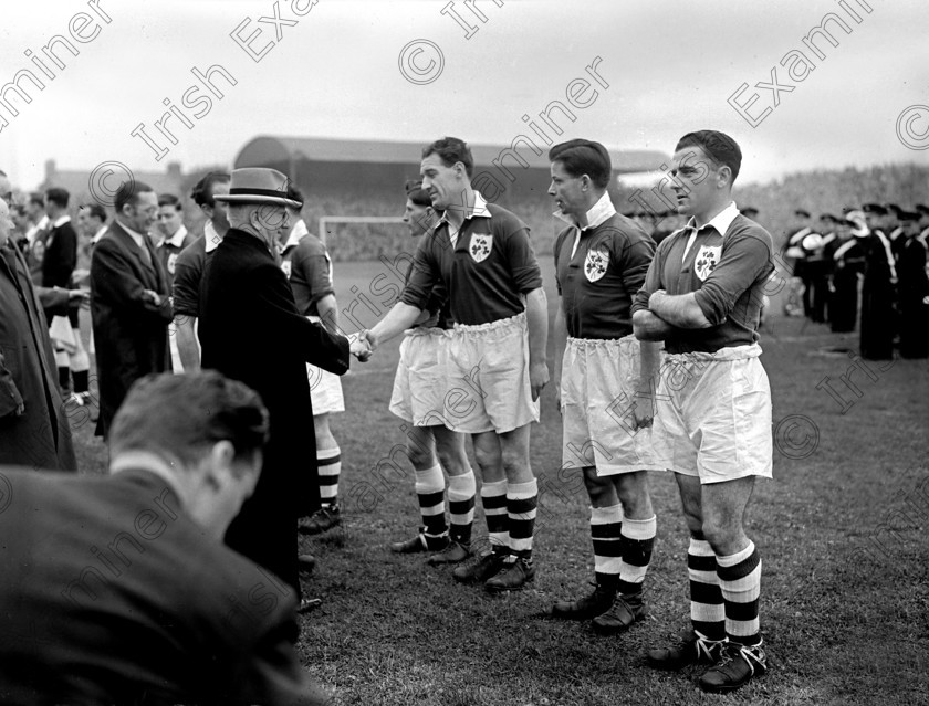 428737 
 Florrie Burke, Cork Athletic, is presented to President Sean T. O'Kelly before the start of the Ireland v. Germany soccer international at Dalymount Park, Dublin. Ref. 231E 17/10/1951

100 Cork Sporting Heroes
Old black and white