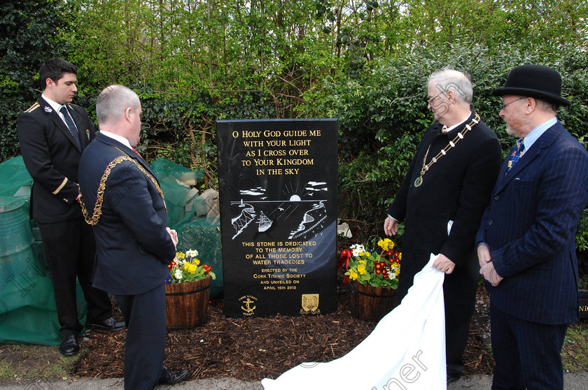 RM Titanic-3101500 
 The Lord Mayor of Cork Cllr. Terry Shannon at the official unveiling of the Titanic memorial stone monument in Fitzgerald's Park. with Frank O'Sullivan, Cork Titanic Society, Cllr. Brian Bermingham, President, and Dr. Richard Cooke, Historian and P.R.O. 
Picture: Richard Mills