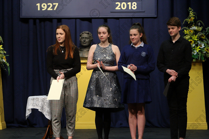 Feis23022018Fri80 
 80
Performers after receiving their certificates Commended Eibhe McManamy, Clodagh Gaffney and Eve Cunningham, 3rd place; James Carroll.
 Speech and Drama Class: 401: Own Choice Verse Speaking 15 Years and Under A Poem of Own Choice; Feis Maitiú 92nd Festival held in Fr. Mathew Hall. EEjob 23/02/2018 Picture: Gerard Bonus.