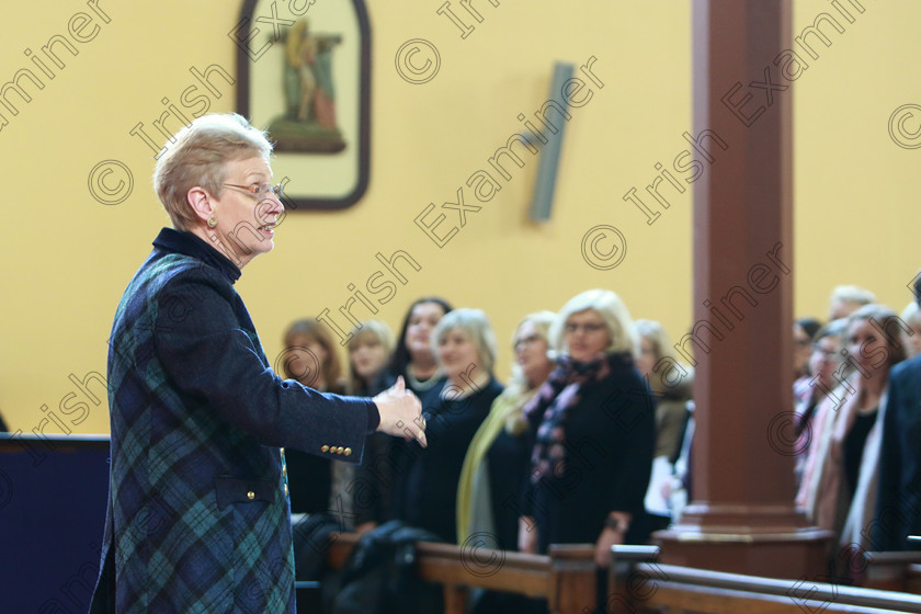 Feis0302109Sun10 
 8~10
Adjudicator: Marilynne Davies getting all the Choirs warmed up before they perform.

Class: 76: “The Wm. Egan Perpetual Cup” Adult Sacred Choral Group or Choir Two settings of Sacred Words.

Feis Maitiú 93rd Festival held in Fr. Matthew Hall. EEjob 03/02/2019. Picture: Gerard Bonus.