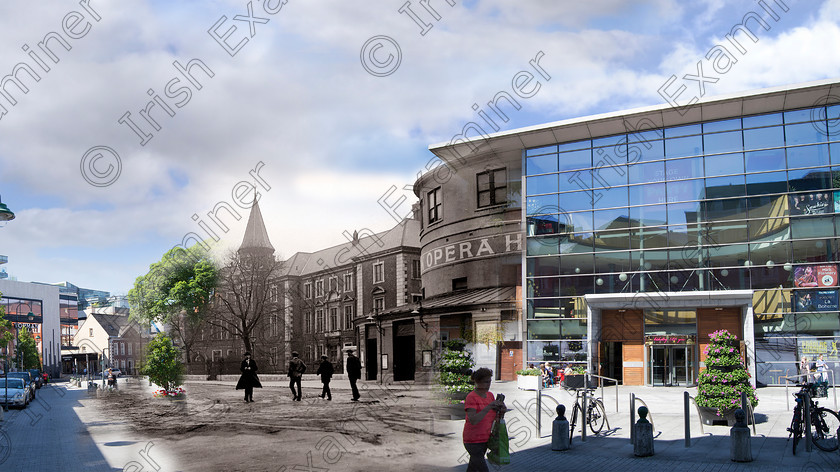 Emmet-Place 
 A view of Emmet Place, Cork in the 1920s showing old Opera House in black and white and how it looks today in 2016