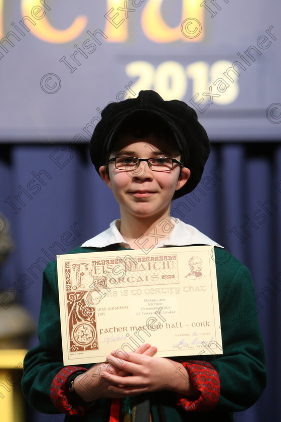 Feis19022018Mon40 
 40
3rd place Michael Lane from Whites Cross.
 Speech and Drama Class: 327: “The Hartland Memorial Perpetual Trophy” Dramatic Solo 12YearsandUnder –Section 1 Feis Maitiú 92nd Festival held in Fr. Mathew Hall. EEjob 19/02/2018 Picture: Gerard Bonus.