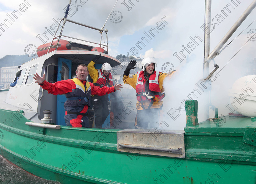 JH Cobh Rescue Display 06 
 ECHO NEWS: 14/04/2012; Allan Devoy, Guileen Coast Guard, with Eoin O'Loughlin and Paul Furlong, Crosshaven Coast Guard, in trouble during a special search and rescue display by the Irish Coast Guard in Cobh to commemorate the 100th anniversary of the sinking of The Titanic. Picture; John Hennessy (Further Info, Vincent Farr, Crosshaven coastguard, 086 8501802)