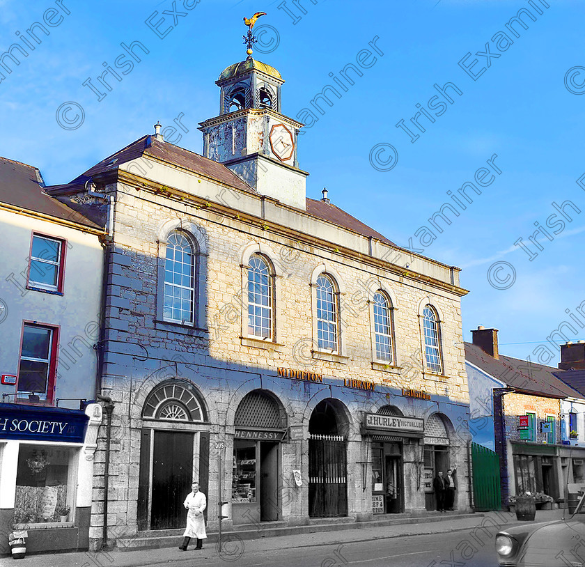 EOHMidletonNowThen21-mix-hires 
 For 'READY FOR TARK'
Town Hall, Main Street, Midleton, Co. Cork in July, 1967 Ref. 624 P-153 Old black and white buildings