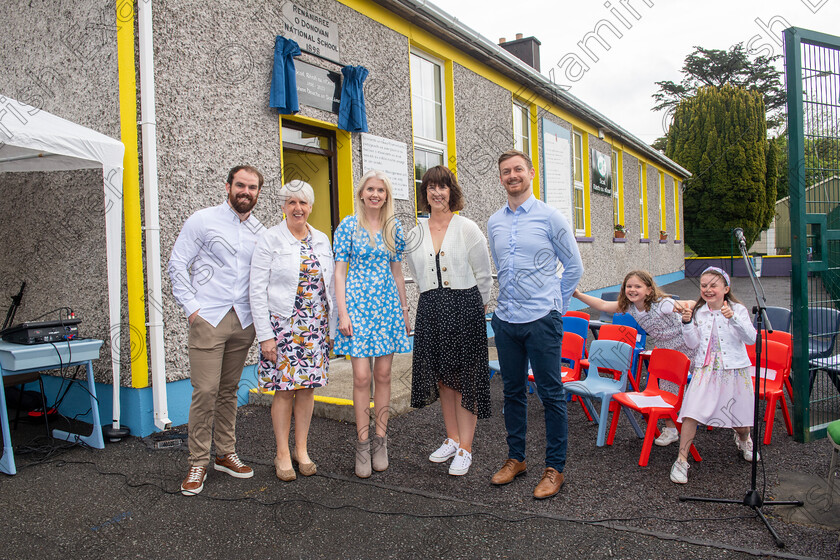 dan-re-5-copy 
 Young Áine and Maebh photobomb Teachers Muiris O Donnchu, Gobnait Uí Laoire, Lora Ní Mhurchú, Eimear Bourke, and principal Cian O Duinnín at the 125-year anniversary celebration of the opening of Réidh na nDoirí National School, Renanirreem Co Cork. Picture Dan Linehan