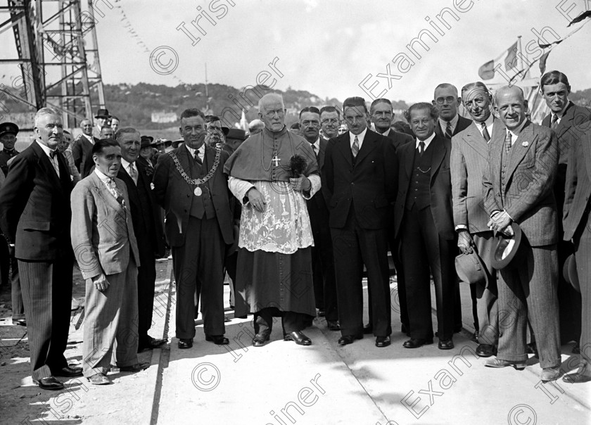 202285 
 OPENING OF IRISH STEEL BY SEAN LEMASS (centre right) with Bishop of Cork, Most Rev Dr. Cohalan and Lord Mayor of Cork Cllr Jim Hickey AT HAULBOWLINE 24/08/39 - REF. 400C

BLACK AND WHITE
( Irish Ispat )
DOWN MEMORY LANE