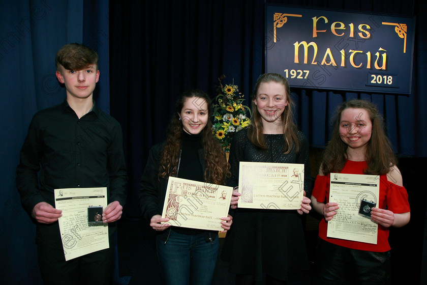 Feis08022018Tur19 
 19
Bronze Medallist James Gibson from Glanmire; Joint 3rd place Ana Meta from Ballincollig and Spain and Maeve O’Connor from Waterfall with Silver Medallist Gráinne Egan from Doneraile.
 Instrumental Music Class: Piano: 184: Piano Solo15 Years and Under Confined
Feis Maitiú 92nd Festival held in Fr. Mathew Hall. EEjob 08/02/2018 Picture: Gerard Bonus.