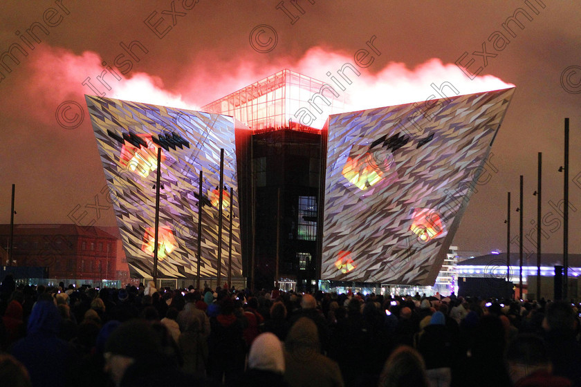 PEYE Titanic Belfast show 20 
 Press Eye - Belfast - Northern Ireland - 8th April 2012

Press Release image

Belfast is setting for Titanic light show....

Belfast's iconic Titanic Building provides a backdrop for a 3D graphics and pyrotechnics light show set to music.

The show used cutting edge architectural projection, intense 3D motion graphics, synchronised pyrotechnics and bespoke sound design.

Picture by Kelvin Boyes / Press Eye.