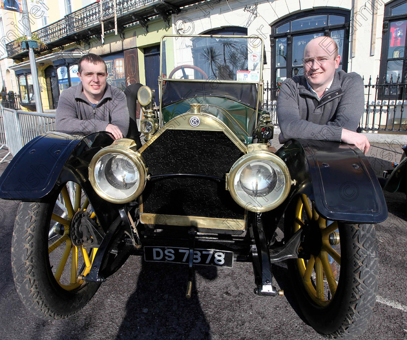 JH Cobh Car Show 04 
 ECHO NEWS: 14/04/2012; Seamus Bohan and Miceal Scannell, both from Mallow, with their 1911 Chalmers, at a special veteran Vintage and Classic Car show and run in Cobh during commemorations to mark the 100th anniversary of the sinking of RMS Titanic. Picture; John Hennessy (Further Info, Dick O'Brien, Cobh Classic Car Club, 086 1255709)