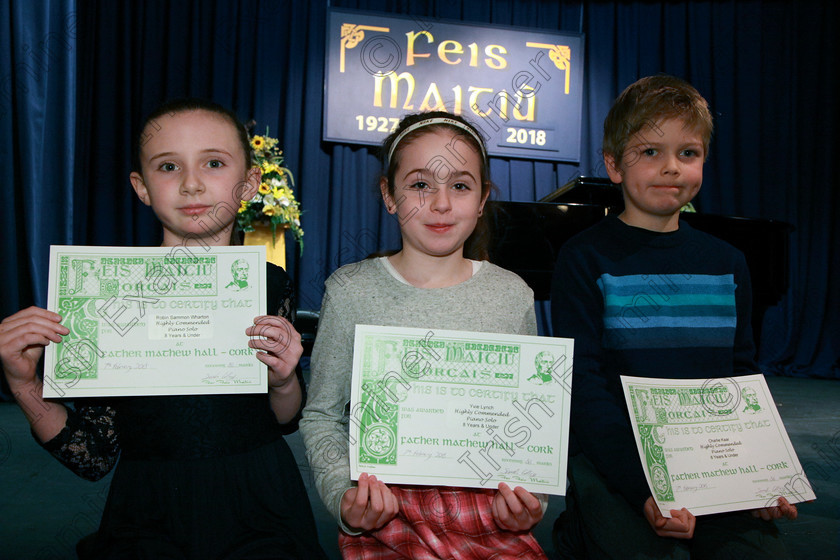 Feis07022018Wed10 
 10
Highly Commended Robin Simmon-Whorton from Kenmare; Yvie Lynch from Bishopstown and Charlie Kaar from Donaghmore
 Instrumental Music Class: 167: Piano Solo8 Years and Under Feis Maitiú 92nd Festival held in Fr. Mathew Hall. EEjob 05/02/2018 Picture: Gerard Bonus.