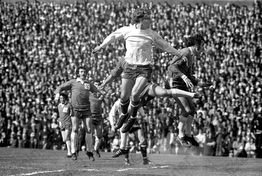935185 
 For 'READY FOR TARK'
Cork Hibernians v. Waterford in the F.A.I. Cup Final at Dalymount Park, Dublin - Hibs' Dave Wiggington heads for goal 23/4/1972 Ref. 140/21 old black and white soccer football